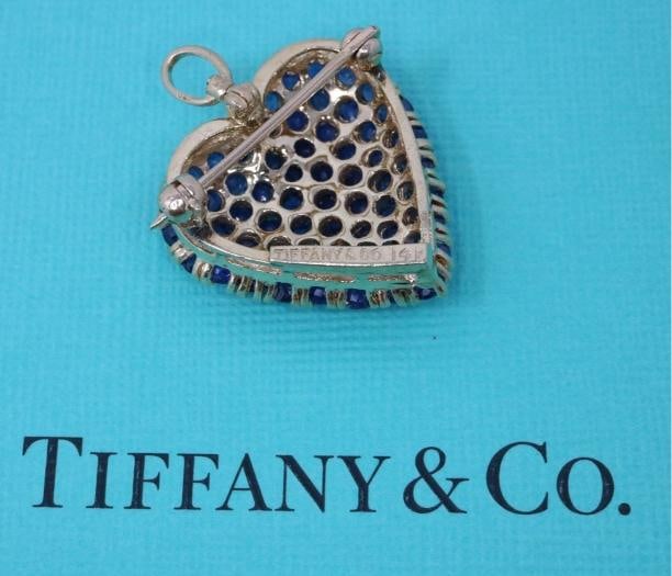 Tiffany & Co Heart Pin Pendant Necklace 14k Yellow Gold Blue Sapphires 2.00ctw - 8