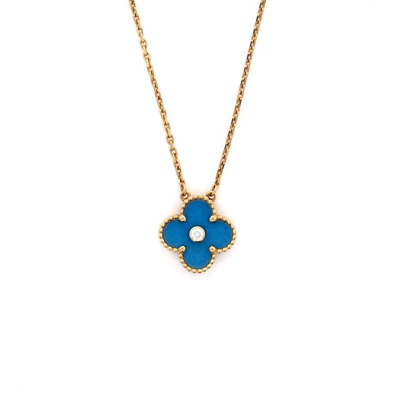 Van Cleef & Arpels Vintage Alhambra Pendant Necklace 18K Yellow Gold and Blue: Measurements: Length: 14.5 - 16.25 ", Pendant Length: 15.45 mm, Pendant Width: 14.75 mm . Condition: Pre-owned - Good,Brand: Van Cleef & Arpels,Main Stone: Diamond,Metal: 18K Yellow Gold,Metal Purity: