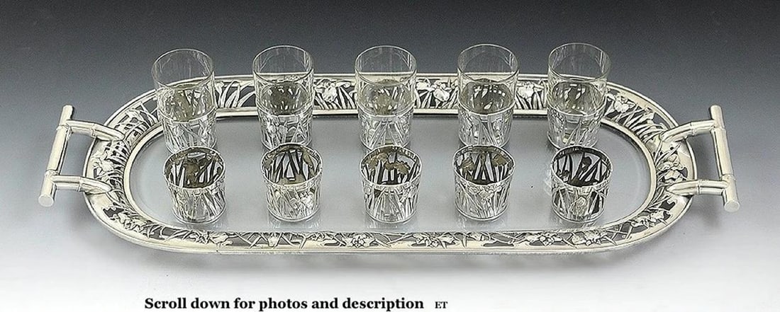 1890-1915 Japanese Art Nouveau Set Of Silver Overlay Cordials W/Silver Tray (1 of 7)