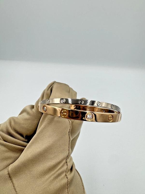 Cartier Classic 18kt White & Rose Gold Love Double Bracelet w/12 Diamonds SZ 17 - 11