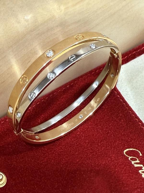 Cartier Classic 18kt White & Rose Gold Love Double Bracelet w/12 Diamonds SZ 17 - 12
