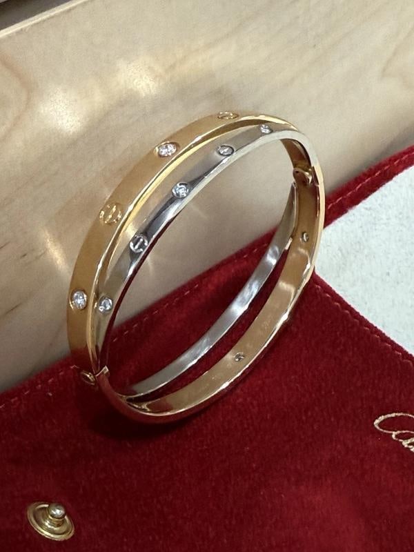 Cartier Classic 18kt White & Rose Gold Love Double Bracelet w/12 Diamonds SZ 17 - 13