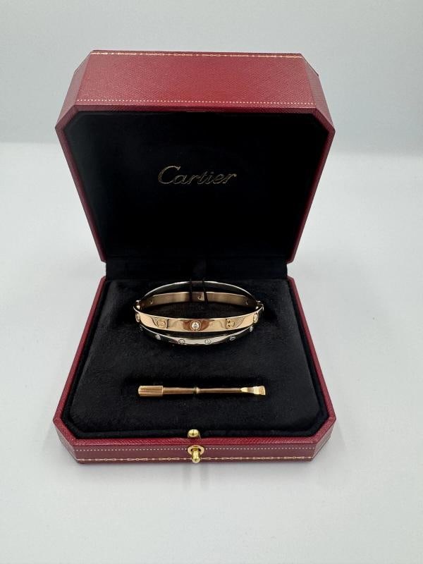 Cartier Classic 18kt White & Rose Gold Love Double Bracelet w/12 Diamonds SZ 17 (1 of 13)