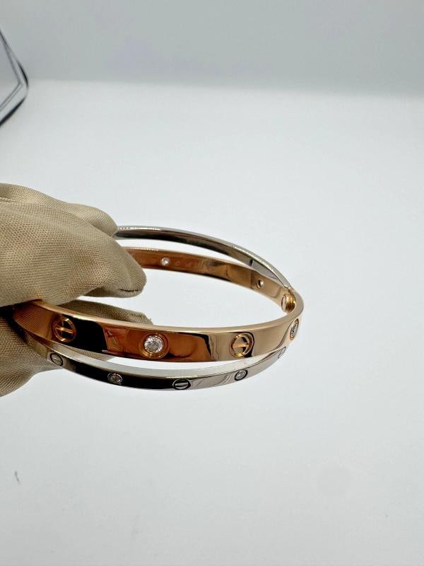 Cartier Classic 18kt White & Rose Gold Love Double Bracelet w/12 Diamonds SZ 17 - 7
