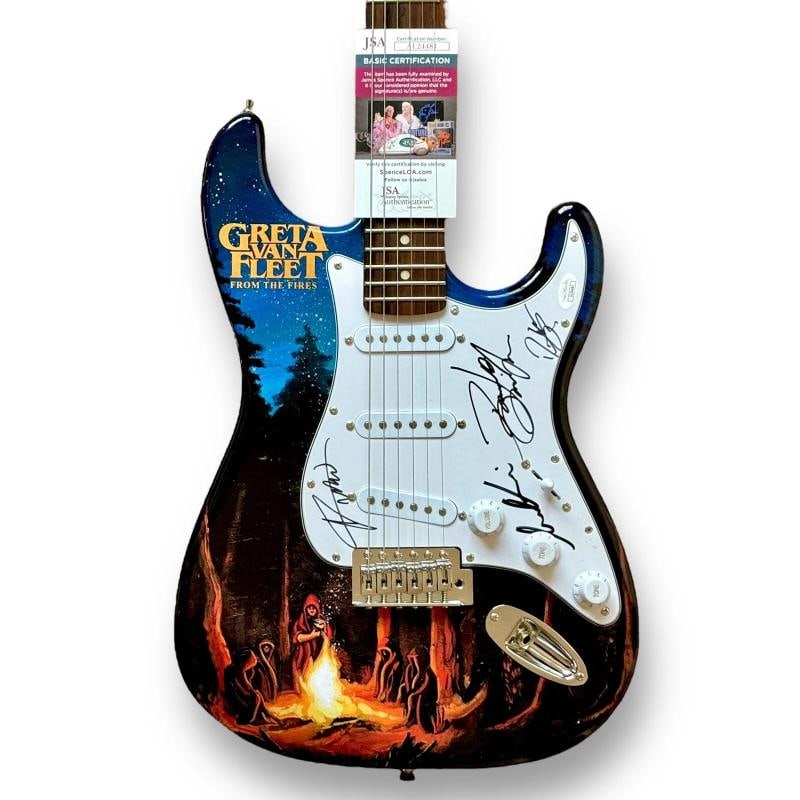 GRETA VAN FLEET: Josh Kiszka, Jake Kiszka, Sammy Kiszka & Danny Wagner Signed Guitar (JSA COA): Industry: Music,Signed: Yes,Autograph Authentication: James Spence (JSA),Object Type: Guitar & Guitar Pick,Original/Reproduction: Original,Country of Origin: United States