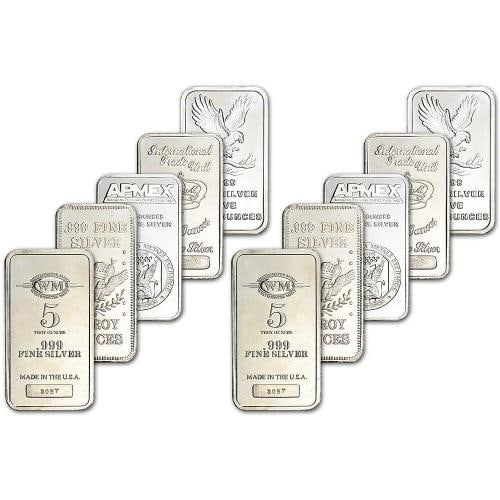 5 oz Silver Bar - Random Brand Secondary Market .999 Fine - TEN 10 Bars (1 of 3)