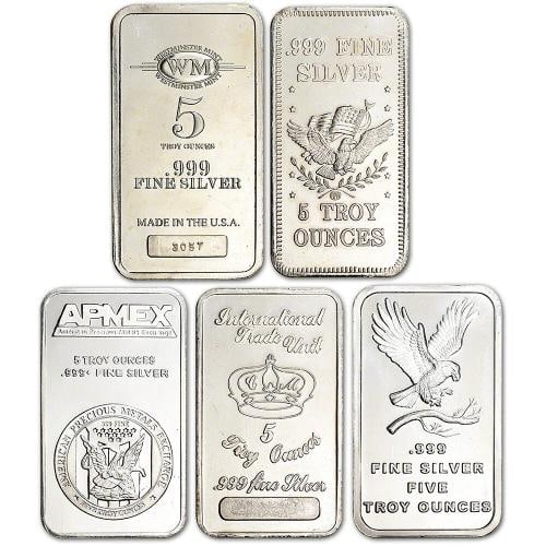 5 oz Silver Bar - Random Brand Secondary Market .999 Fine - TEN 10 Bars - 2