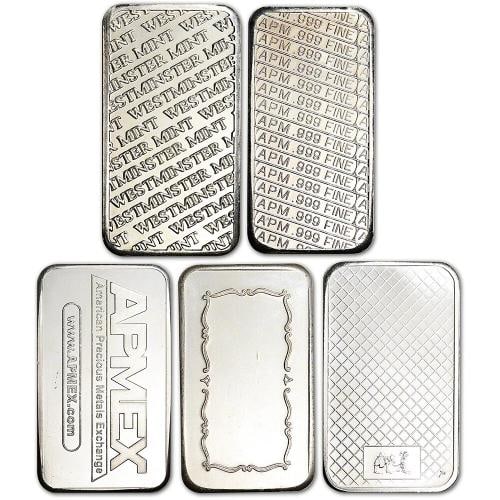 5 oz Silver Bar - Random Brand Secondary Market .999 Fine - TEN 10 Bars - 3