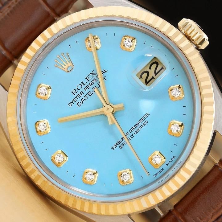 ROLEX MENS DATEJUST 16013 18K GOLD STEEL AQUA BLUE DIAMOND WATCH w/ LEATHER BAND (1 of 10)
