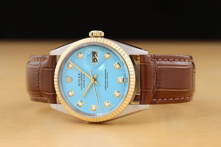 ROLEX MENS DATEJUST 16013 18K GOLD STEEL AQUA BLUE DIAMOND WATCH w/ LEATHER BAND - 2