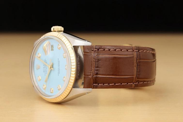 ROLEX MENS DATEJUST 16013 18K GOLD STEEL AQUA BLUE DIAMOND WATCH w/ LEATHER BAND - 4