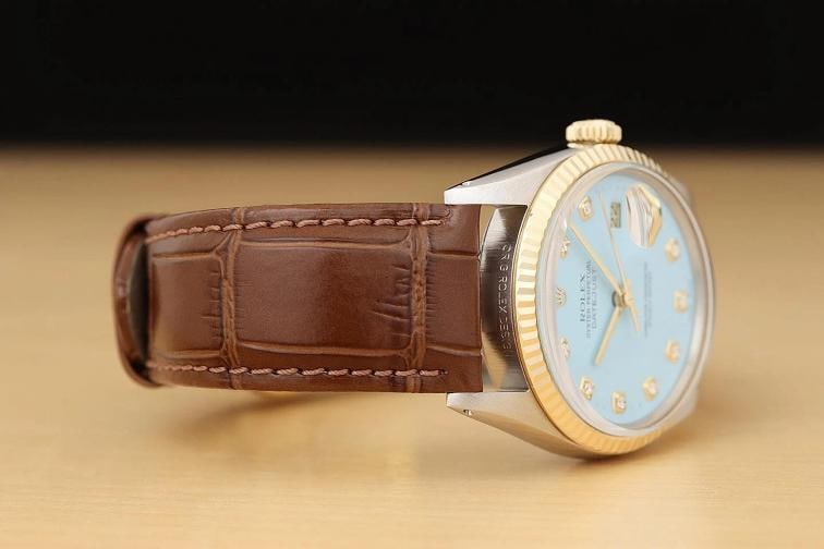 ROLEX MENS DATEJUST 16013 18K GOLD STEEL AQUA BLUE DIAMOND WATCH w/ LEATHER BAND - 7