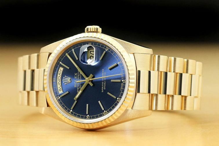 ROLEX MENS PRESIDENT DAY-DATE BLUE DIAL 18K YELLOW GOLD DOUBLE QUICKSET WATCH - 2