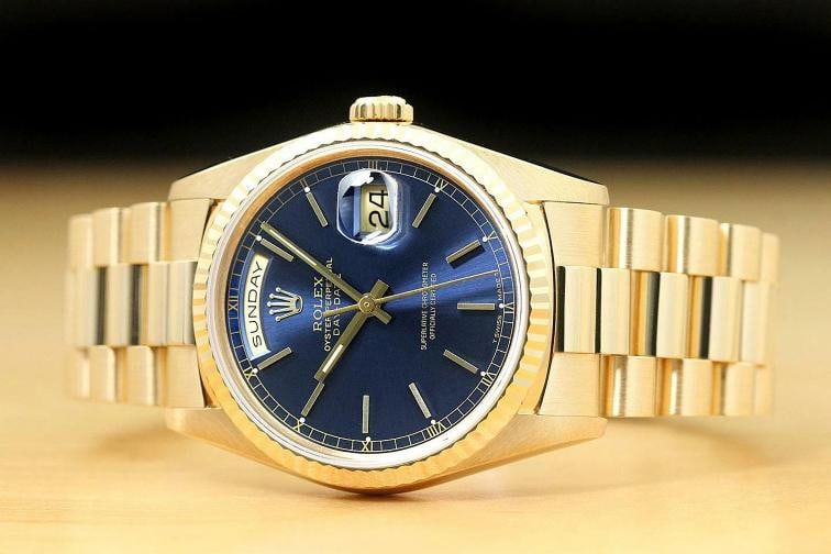 ROLEX MENS PRESIDENT DAY-DATE BLUE DIAL 18K YELLOW GOLD DOUBLE QUICKSET WATCH - 3