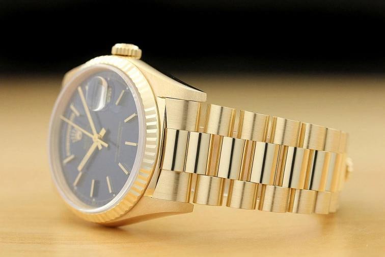 ROLEX MENS PRESIDENT DAY-DATE BLUE DIAL 18K YELLOW GOLD DOUBLE QUICKSET WATCH - 4