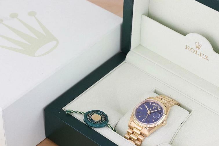 ROLEX MENS PRESIDENT DAY-DATE BLUE DIAL 18K YELLOW GOLD DOUBLE QUICKSET WATCH - 6