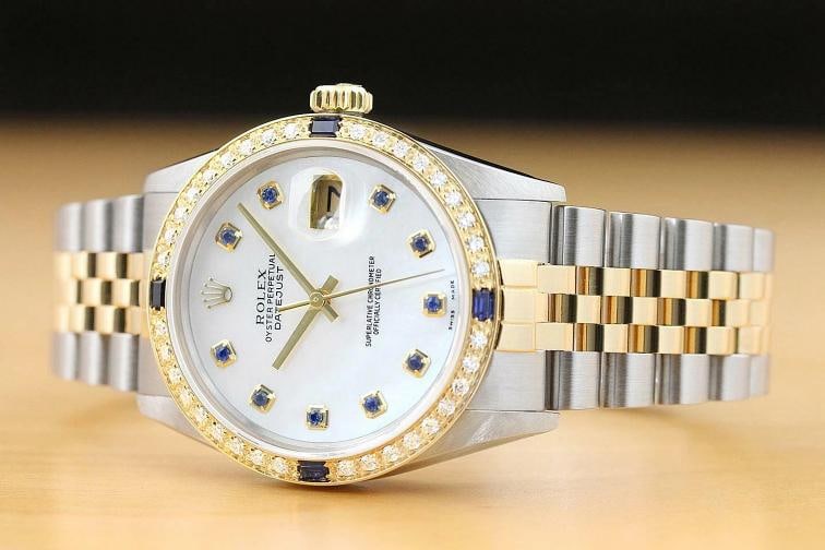 ROLEX MENS DATEJUST 16013 2-TONE MOTHER OF PEARL SAPPHIRE QUICKSET DIAMOND WATCH - 2