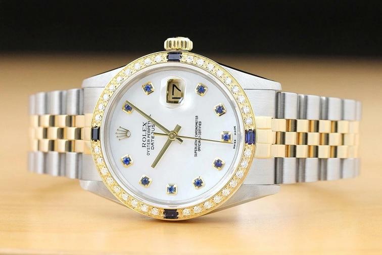 ROLEX MENS DATEJUST 16013 2-TONE MOTHER OF PEARL SAPPHIRE QUICKSET DIAMOND WATCH - 3