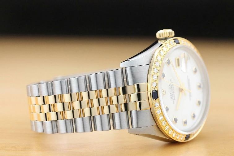 ROLEX MENS DATEJUST 16013 2-TONE MOTHER OF PEARL SAPPHIRE QUICKSET DIAMOND WATCH - 7