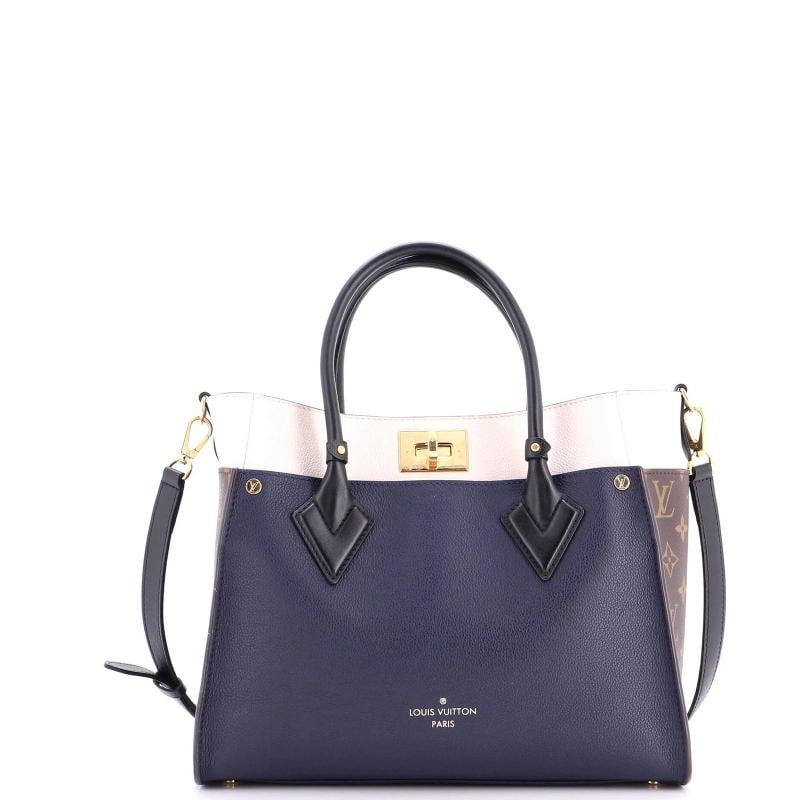 Louis Vuitton On My Side Tote Leather with Monogram Canvas MM: Accessories: With Strap Measurements: Handle Drop 4.5", Height 9.5", Width 12", Depth 5", Strap Drop 17-19". Condition: Pre-owned - Good,Brand: Louis Vuitton,Exterior Material: Canvas Coated,