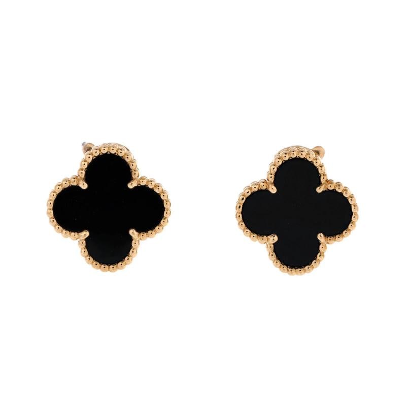 Van Cleef & Arpels Vintage Alhambra Earrings 18K Yellow Gold and Onyx: Measurements: Height/Length: 14.75 mm, Width: 14.90 mm . Condition: Pre-owned - Good,Brand: Van Cleef & Arpels,Main Stone: Onyx,Metal: 18K Yellow Gold,Metal Purity: 18K,Style: Earrings,Type: Earrings,