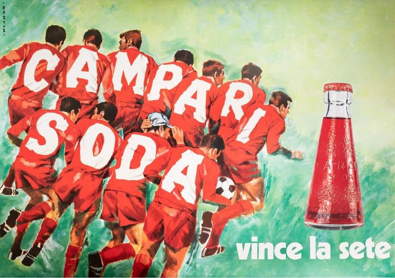 Original Vintage Poster - Pijoan - Campari Soda - Soccer - Liquor - circa 1970: Date: circa 1970 Size: 78 x 55 in / 198 x 139.7 cm. Condition: Used,Features: Signed,Width (Inches): 78,Listed By: Dealer or Reseller,Subject: Liquor,Size: Giant (over 60in.),Height (Inches):