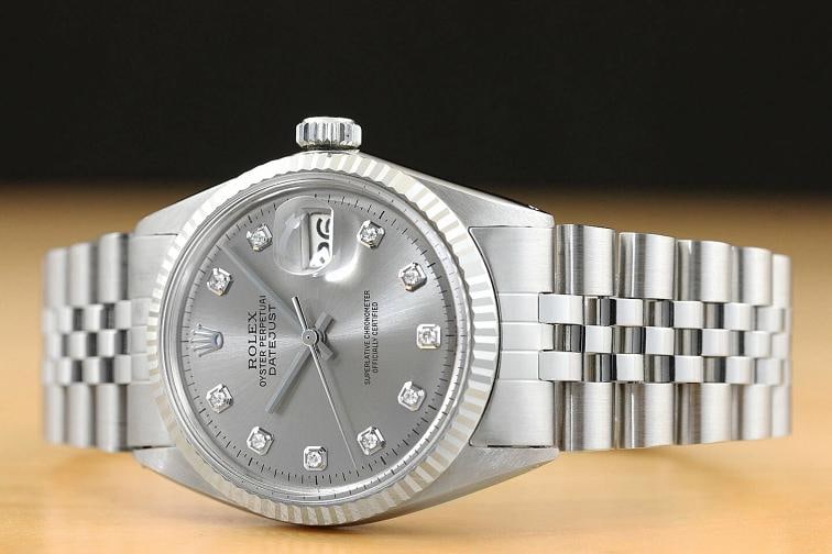 MENS ROLEX DATEJUST 1601 GRAY DIAMOND DIAL 18K WHITE GOLD BEZEL STEEL WATCH - 2