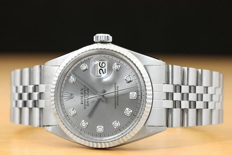 MENS ROLEX DATEJUST 1601 GRAY DIAMOND DIAL 18K WHITE GOLD BEZEL STEEL WATCH - 3