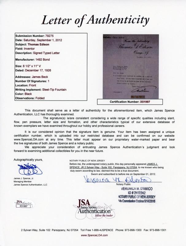 Thomas Edison Signed Letter Dated 12/17/1926 (JSA LOA) - 5