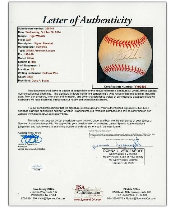 Extraordinary Tiger Woods Rookie Single Signed American League Baseball JSA COA - 3
