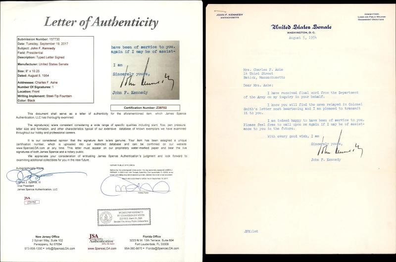 John F. Kennedy ~JFK~ Signed Typed Letter Dated 8/5/1954 (JSA LOA) (1 of 3)
