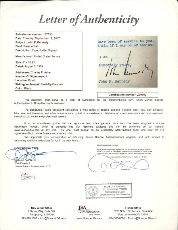 John F. Kennedy ~JFK~ Signed Typed Letter Dated 8/5/1954 (JSA LOA) - 3