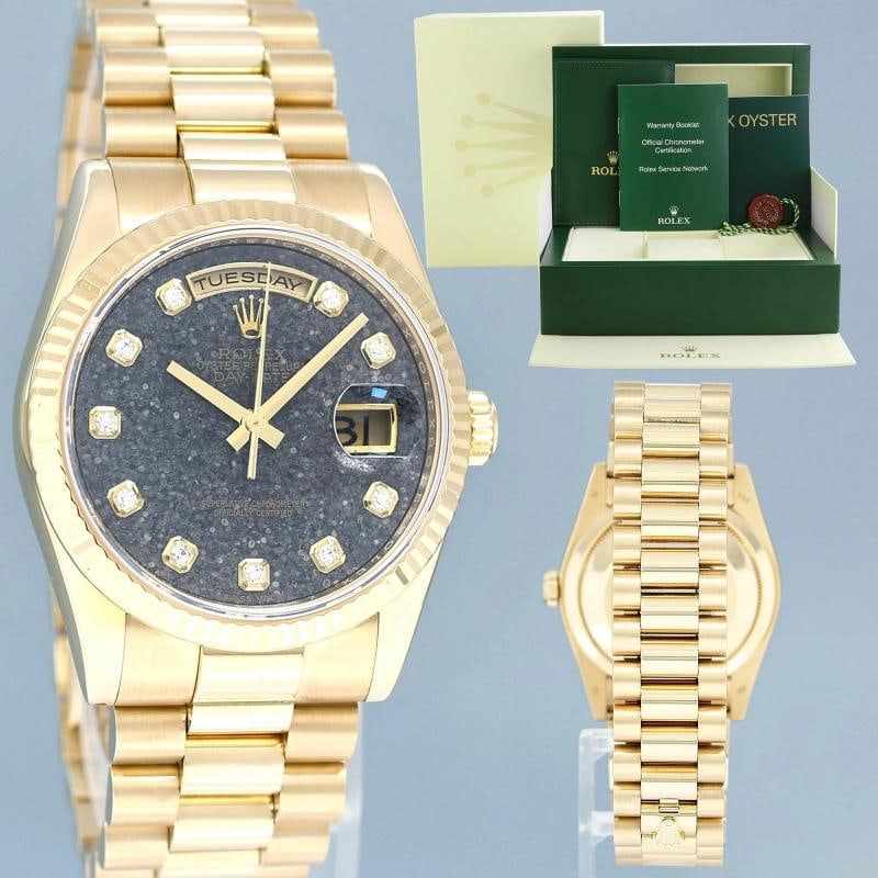 Rolex President Yellow Gold Diamond Jurassic Ammonite 118238 Day Date Watch: Brand Rolex (Guaranteed Authentic) Model Day-Date President Reference Number 118238 Serial Number Z Gender Unisex Metal Yellow Gold Case Size 36.00mm Wrist Size This watch will currently comfortably
