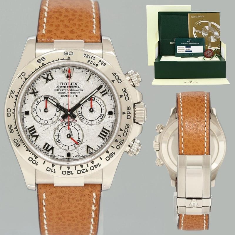 2023 RSC PAPERS Rolex Daytona White Gold 116519 Meteorite Roman Leather Watch: Brand Rolex (Guaranteed Authentic) Model Daytona Cosmograph Reference Number 116519 Serial Number Random Gender Men's Metal White Gold Case Size 40.00mm Wrist Size This watch will currently comfortabl