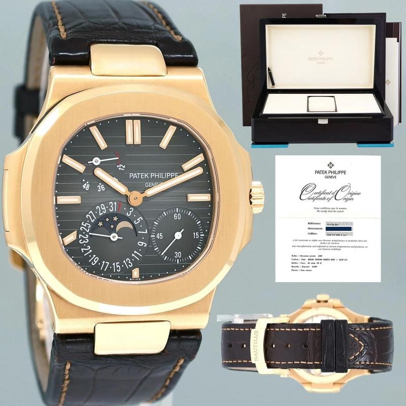 NEW PAPERS Patek Philippe Nautilus Moonphase Rose Gold 5712R Leather Watch Box: Brand Patek Philippe (Guaranteed Authentic) Model Nautilus Reference Number 5712R In Stock SKU: H7837 Gender Men's Metal Rose Gold Case Size 40.00mm Wrist Size This watch will currently comfortably fi