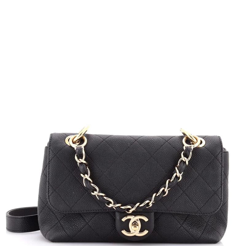 Chanel City Walk Flap Bag Quilted Caviar Small: Measurements: Height 6", Width 8.5", Depth 3.5" . Condition: Pre-owned - Good,Brand: Chanel,Exterior Material: Leather,Style: Cross Body Bags,Exterior Color: Black,Department: Women,Size: Small