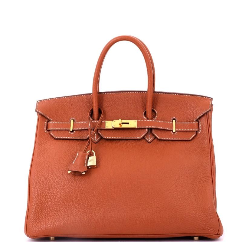 Hermes Birkin Handbag Brown Clemence with Gold Hardware 35: Accessories: Lock, Box, Keys, Clochette, Dust Bag Measurements: Handle Drop None", Height 10", Width 13.5", Depth 7", Strap Drop None". Condition: Pre-owned - Good,Brand: Hermes,Exterior Material: Lea