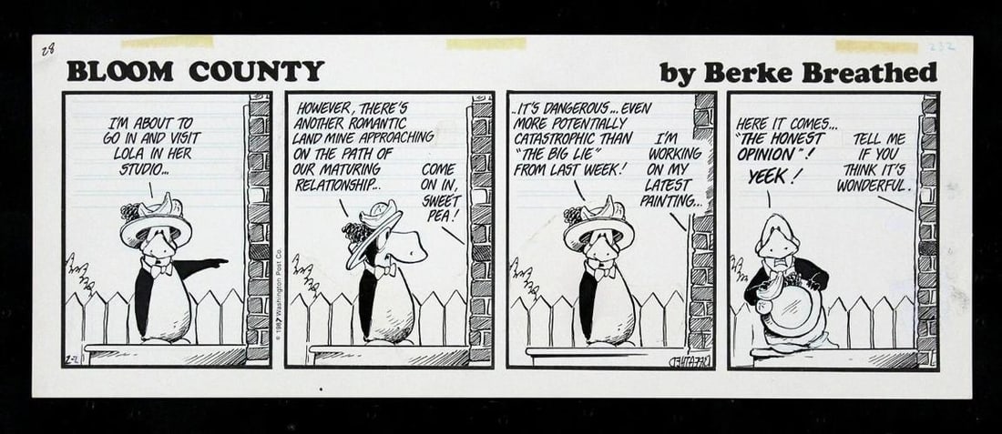 BLOOM COUNTY 1987 RARE ORIGINAL COMIC STRIP ART OPUS PENGUIN BERKE BREATHED~(6 5/8" x 17 1/8"): Year of Production: 1987,Country of Origin: United States
