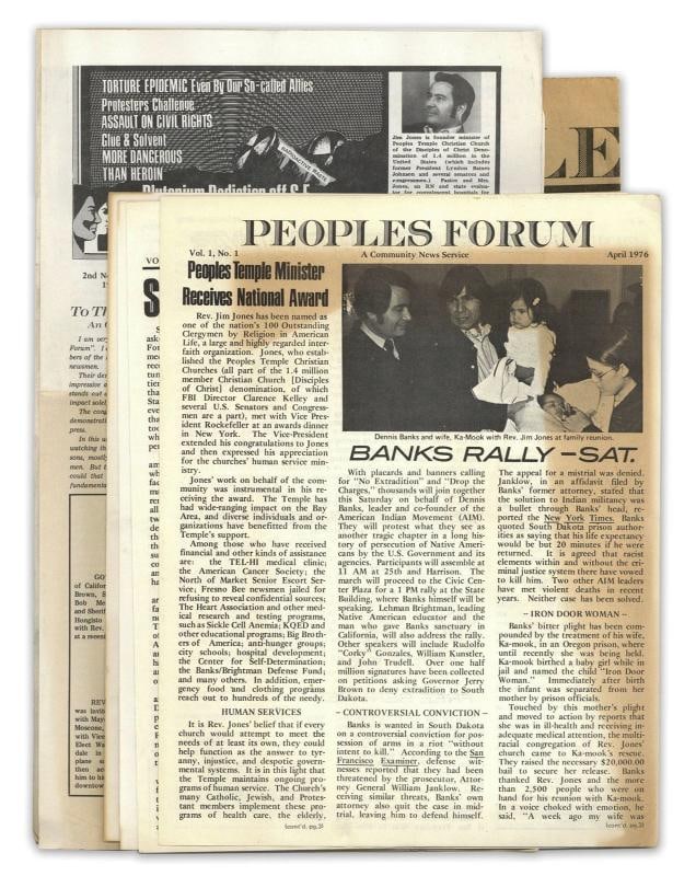 Peoples Forum JIM JONES ~ JONESTOWN ~ Newsletter 12 Issues CULT 1976 - 1977: 12 original issues of the newsletter for Jim Jones' People's Temple, which would emigrate to Guyana and commit mass suicide. Author: Jones, Jim,Country of Origin: United States of America,Publisher: