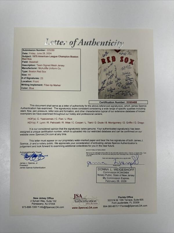 1975 Boston Red Sox AL Champs Team Signed Game Model Jersey Carl Yastrzemski JSA - 2