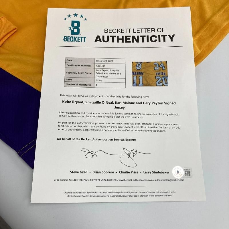 Kobe Bryant Shaquille O'Neal Gary Payton Karl Malone Signed Lakers Jersey BAS - 3