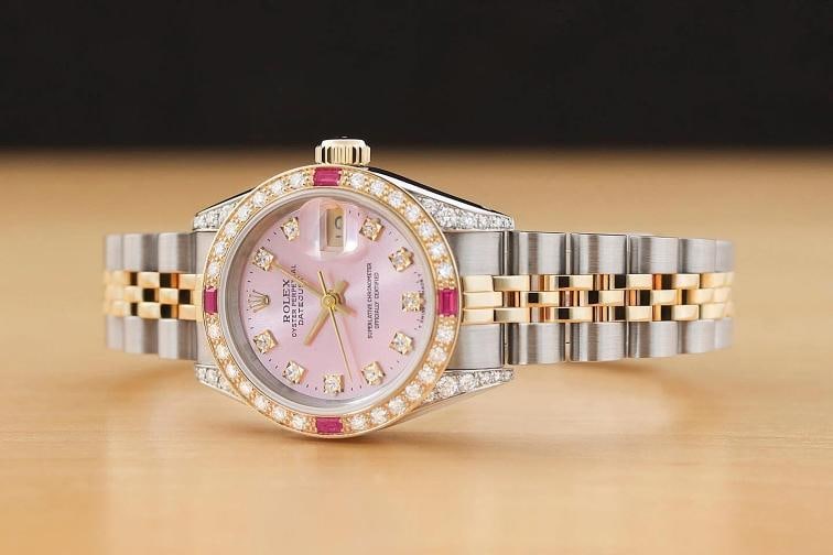 ROLEX LADIES DATEJUST 69173 PINK FACTORY DIAMOND RUBY 18K GOLD STEEL WATCH - 2
