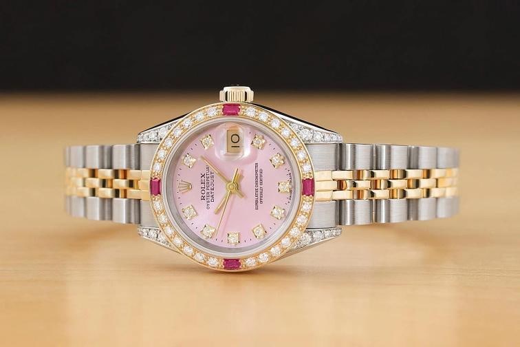 ROLEX LADIES DATEJUST 69173 PINK FACTORY DIAMOND RUBY 18K GOLD STEEL WATCH - 3