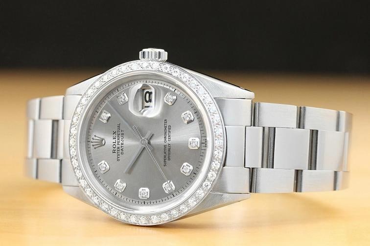 ROLEX DATEJUST MENS 18K WHITE GOLD DIAMOND STAINLESS STEEL GRAY DIAL WATCH - 2