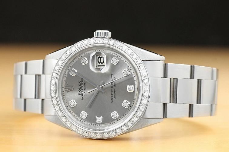 ROLEX DATEJUST MENS 18K WHITE GOLD DIAMOND STAINLESS STEEL GRAY DIAL WATCH - 3