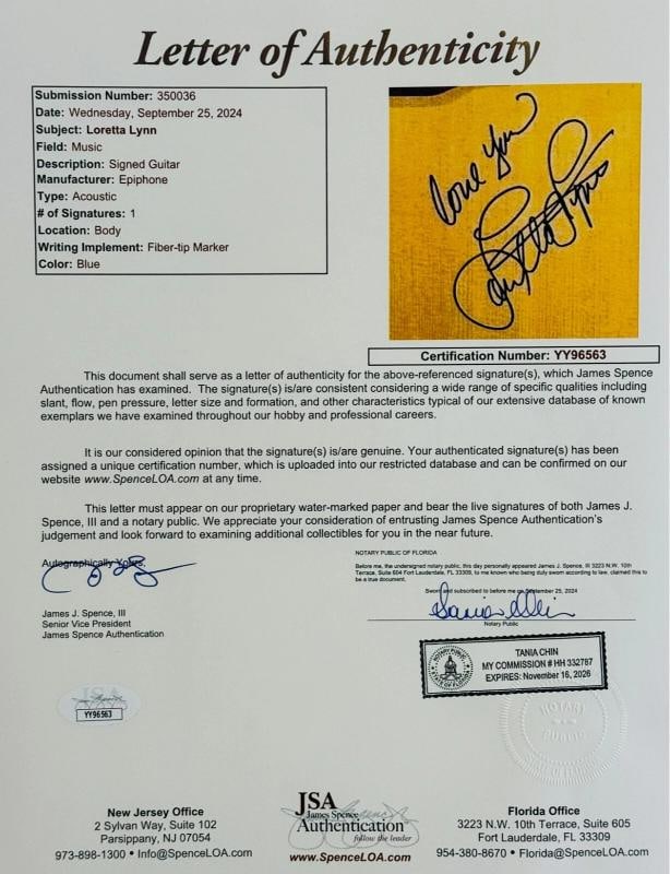 LORETTA LYNN Signed Acoustic Epiphone Guitar JSA LOA Coal Miners Daughter - 4