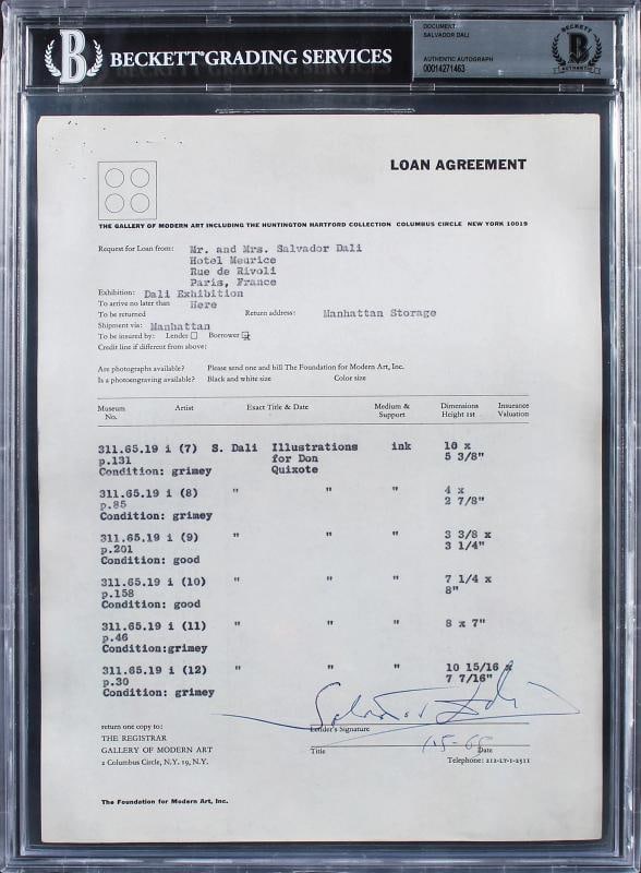 Salvador Dali Authentic Signed Loan Contract Dated January 5, 1965 BAS Slabbed: Condition: New: A brand-new, unused, unopened, undamaged item (including handmade items). ,Autograph Authentication: Beckett,Original/Reproduction: Original,PRODUCT_COA: