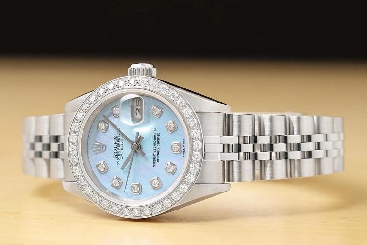 ROLEX LADIES DATEJUST 69174 ICE BLUE MOTHER OF PEARL 18K GOLD SS DIAMOND WATCH - 2