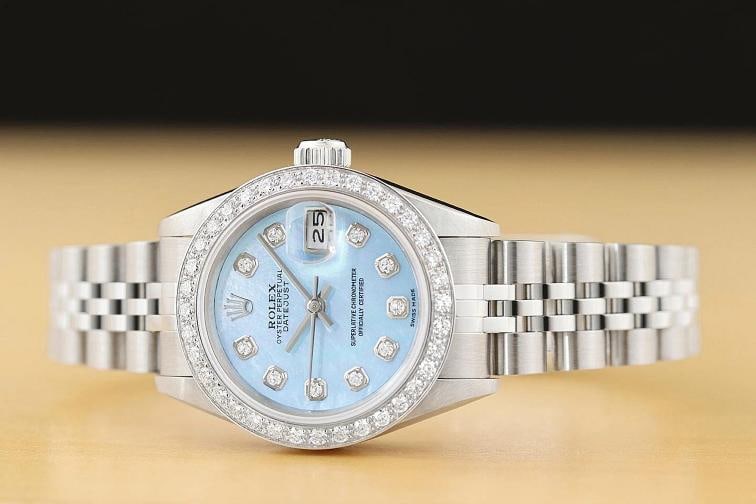 ROLEX LADIES DATEJUST 69174 ICE BLUE MOTHER OF PEARL 18K GOLD SS DIAMOND WATCH - 3
