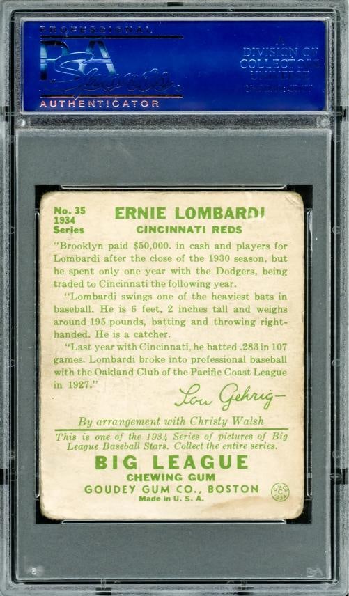 Ernie Lombardi Autographed 1934 Goudey Rookie Card #35 Reds PSA/DNA - 2